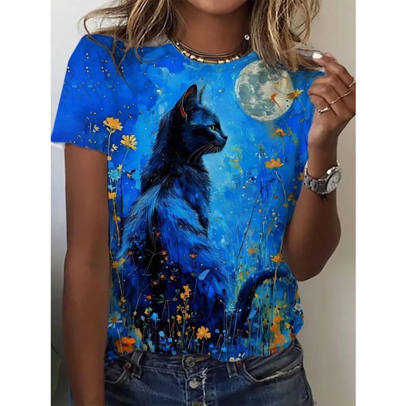 

One-piece women s round neck short-sleeved 3D printed T-shirt with artistic cute cat pattern that is eye-catching and stylish. 4XL