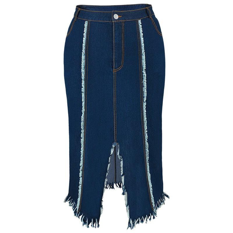Plus Size Denim Skirt Women Long Flowy A-Line With Fringe Detail Streetwear Midi Maxi 1XL 2XL 3XL 4XL 5XL