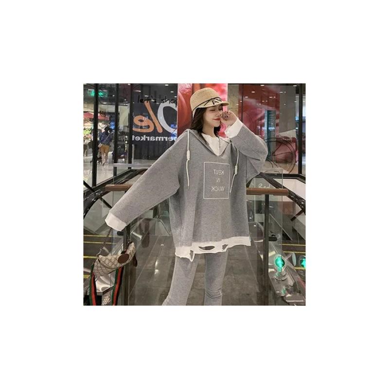 Women's Autumn Ripped Hooded Sweatshirt & Slimming Leggings Two-Piece Set