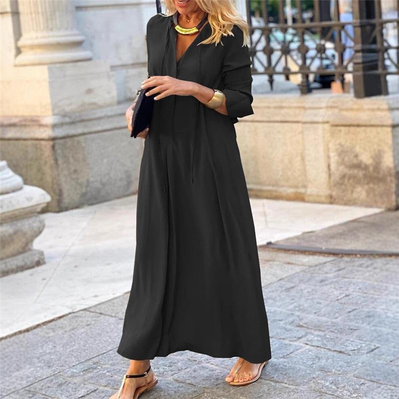 Women s Solid Color Long-sleeve Casual Long Shirt Dress With A Collar L чёрный