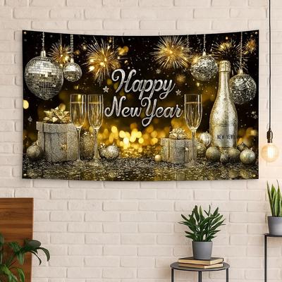 Black Gold 2026 New Year Banner Firework Balloons Glitter Pink Party Backdrop Celebrate Polyester Photography Backdrop