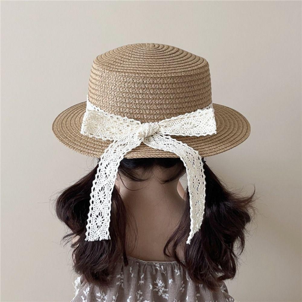 French Style Children Straw Hats Spring Summer Baby Sun Hat Trendy Bow Lace Straw Hat  for Kids