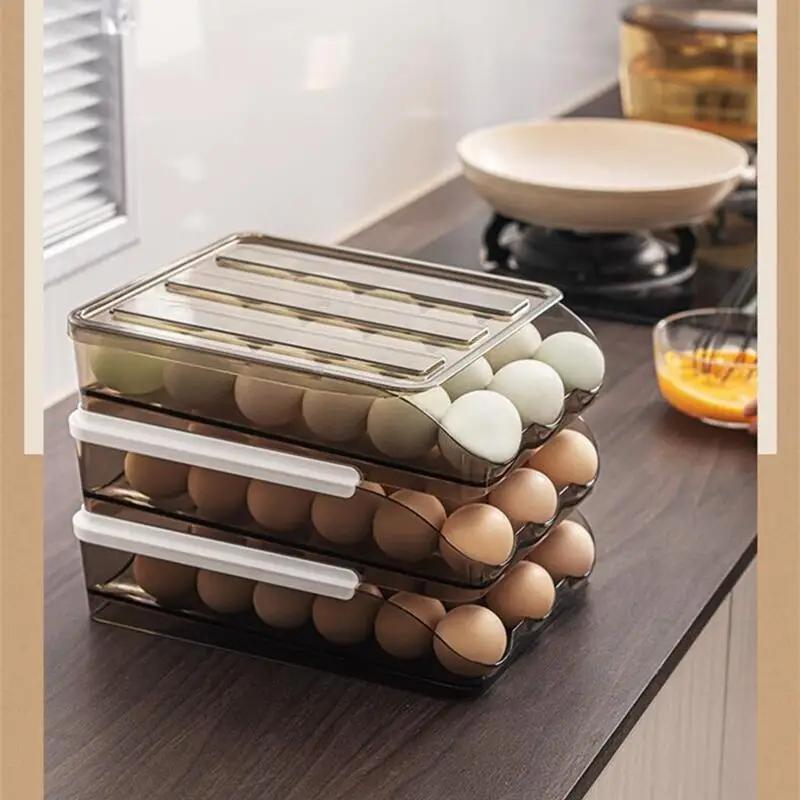 Automatic Rolling Egg Carton Double-layer Kitchen Transparent Refrigerator Fresh-keeping Storage Box