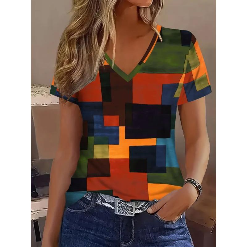 Summer Women's 3D Printed V-Neck T-Shirt Fashion Versatile Breathable Trend Casual
