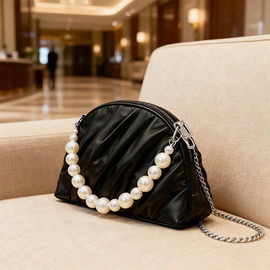 Черная сумка-ракушка DIY ручная модификация сумки уникальный дизайн соединение жемчужной цепочкой сумка под мышкой чёрный 8890₽