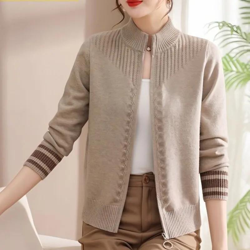 Mote strikket genserjakke med glidelås for kvinner, avslappet høst- og vinterjakke, løs cardigan, kåpe for kvinner