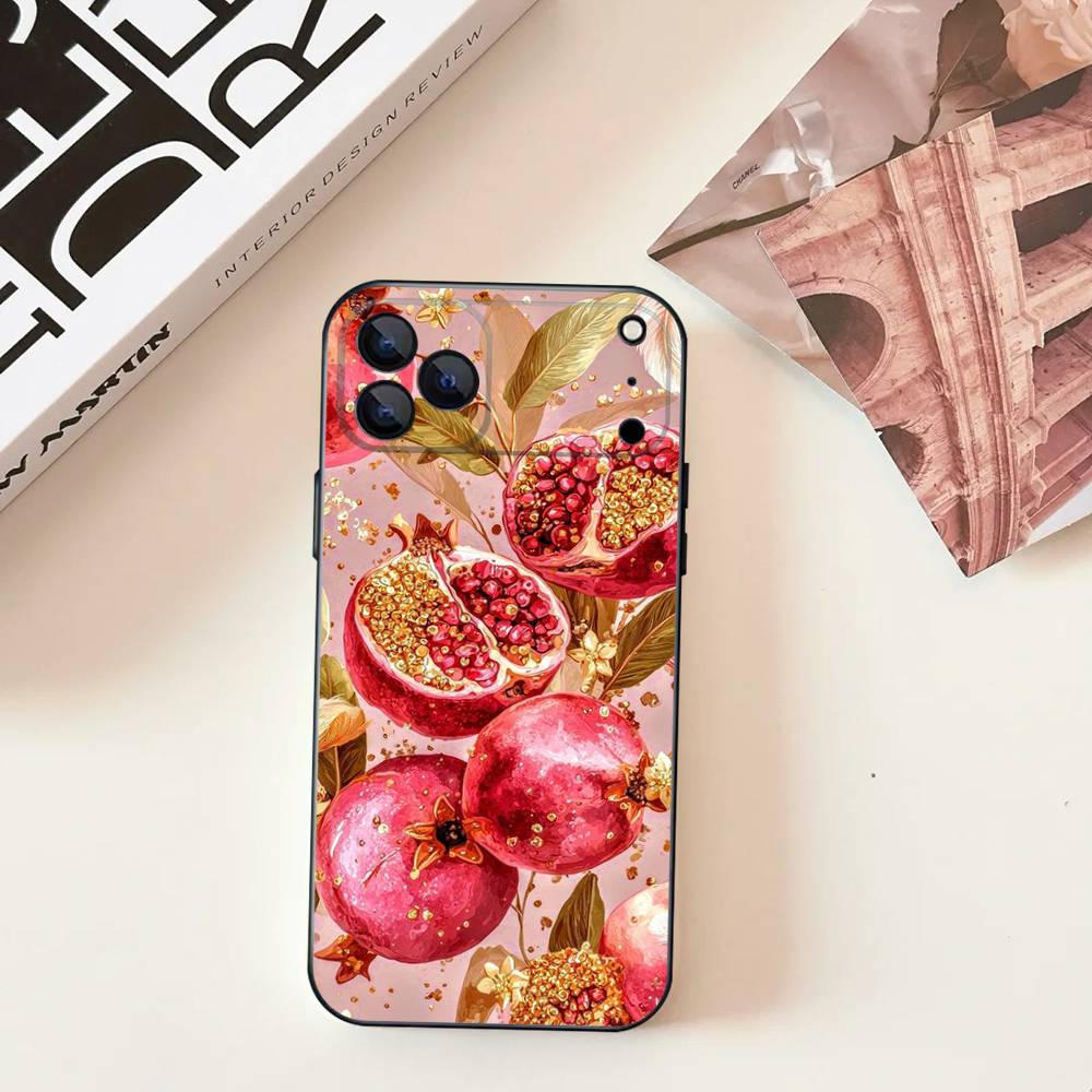 Pomegranate Flower Pattern For iPhone 17,16,15,14,13,12,11,Pro,Max,Plus,E,SE4,Air,Mini Black Soft Cover Phone Case