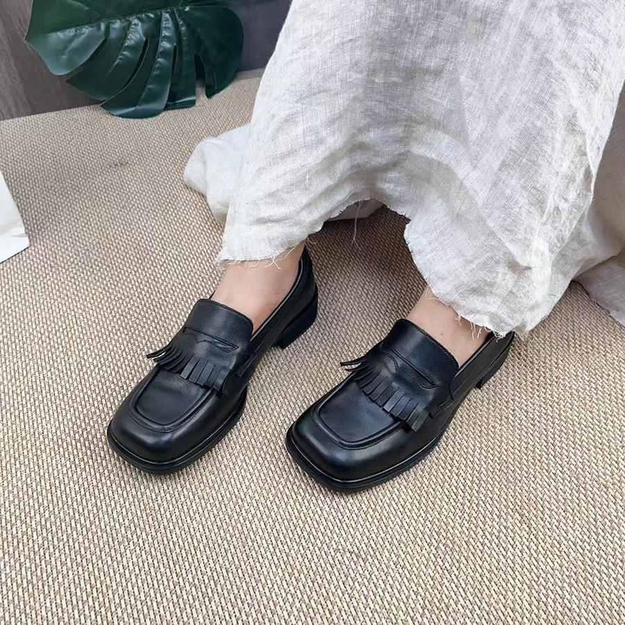 Johnature Genuine Leather Women Pumps Retro Square Toe Soft Sole Comfortable Shallow Slip-on Low Heel Shoes