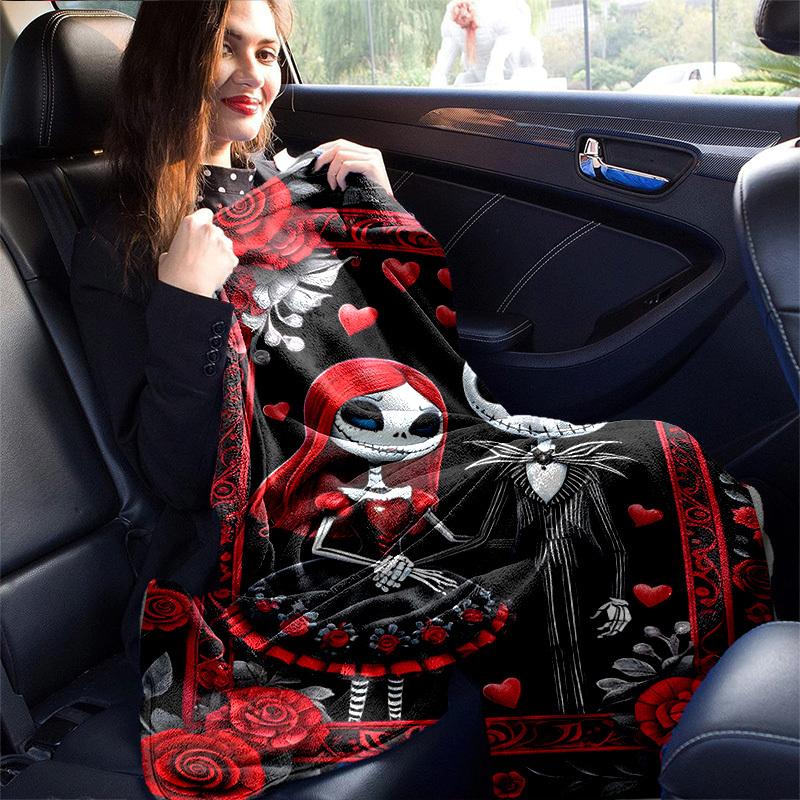 1pc, Cozy Home Decor: Jack and Sally Skeleton Couple Flannel Throw Blanket Gift for Bedroom, Living Room, Travel, Camping, Car