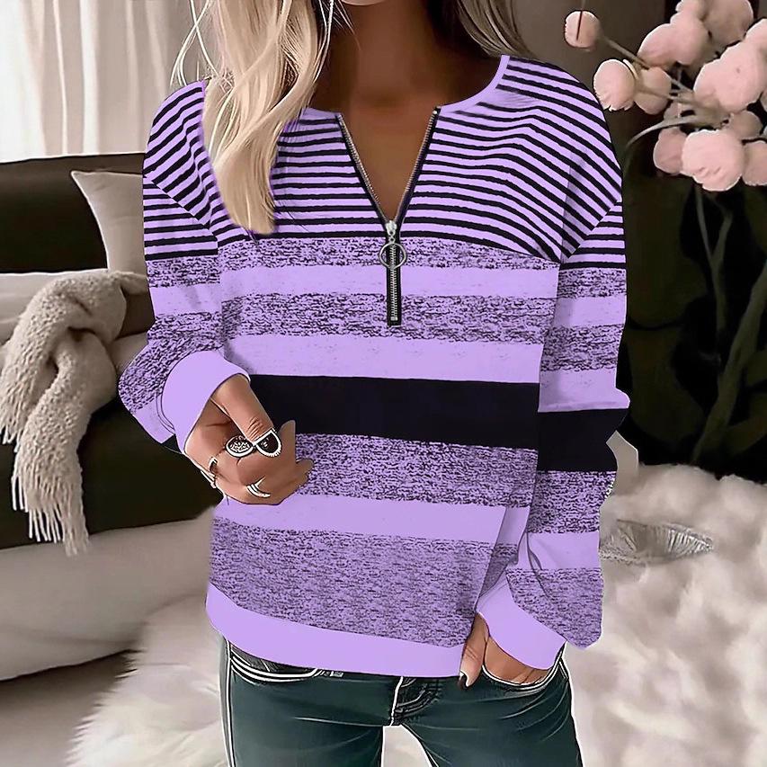 2025 Women's Plus Size Striped Half-Zip Polo Top - Casual Fashion with Regular Shoulders