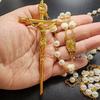 8mm Beige Color Glass Imitation Pearl Bead Wedding Rosary Guadalupe Center Big Gold Cross