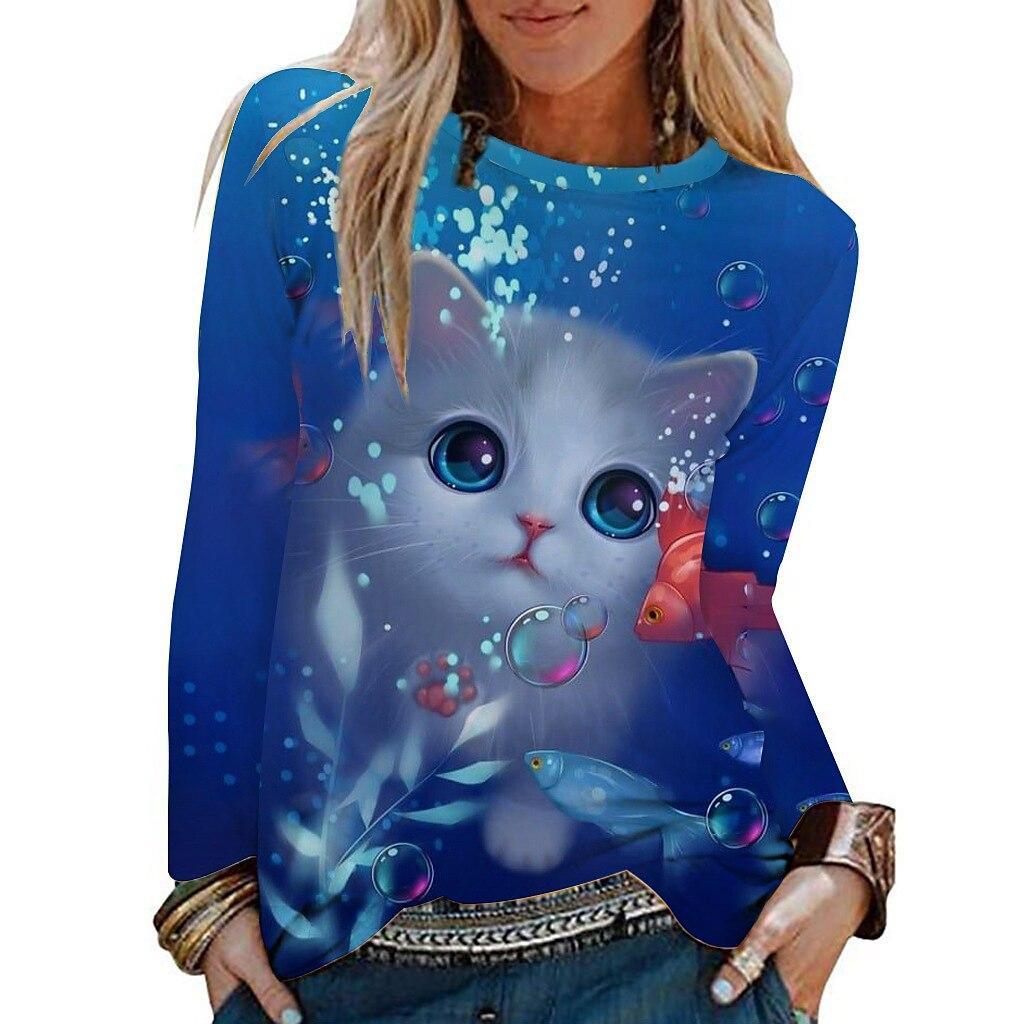 Round Neck Cat Dog 3D Printed Top Casual Long Sleeved Women's T-shirts - Soft Medium Stretch Polyester Fabric Spring and Autumn Relaxed Fit Clothing