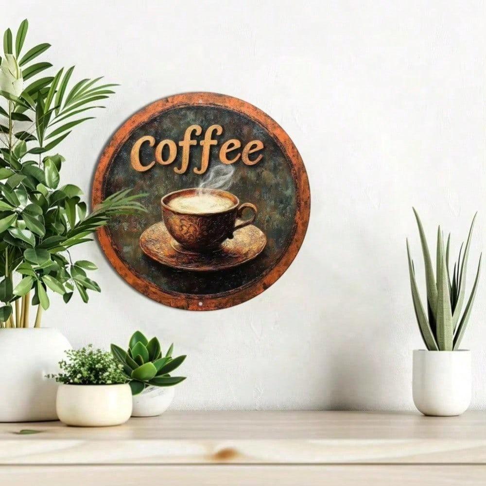 Retro Vintage Coffee Metal Wall Sign Round 8 Inch Rustic Aluminum Art Decor For Home Kitchen Living Room Bathroom