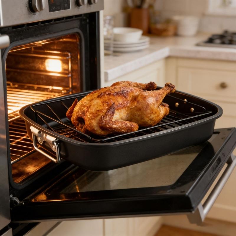 Heavy Duty Roasting Pan 17Inch Carbon Steel Baking Tray with V-Shape Grill Roasting Rack Turkey Roaster Pan for Cooking