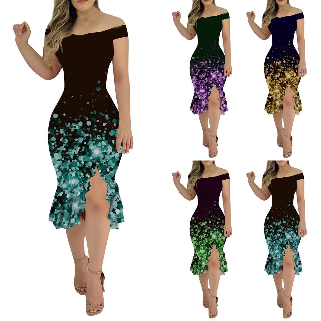 Mote Sexy Sommer Off Shoulder Kortermet paljett Ruffle Uregelmessige kjoler for kvinner