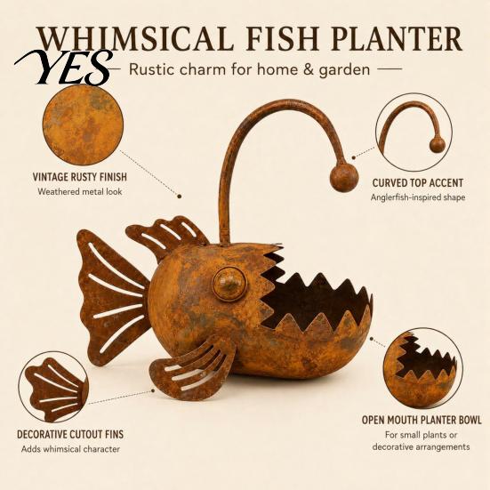 Distressed Iron Planter Fish Shaped Metal Planter, Rustic Anglerfish Flower Pot, Decorative Pot Rusty Plant for Succulents Cacti Small Plants Vintage