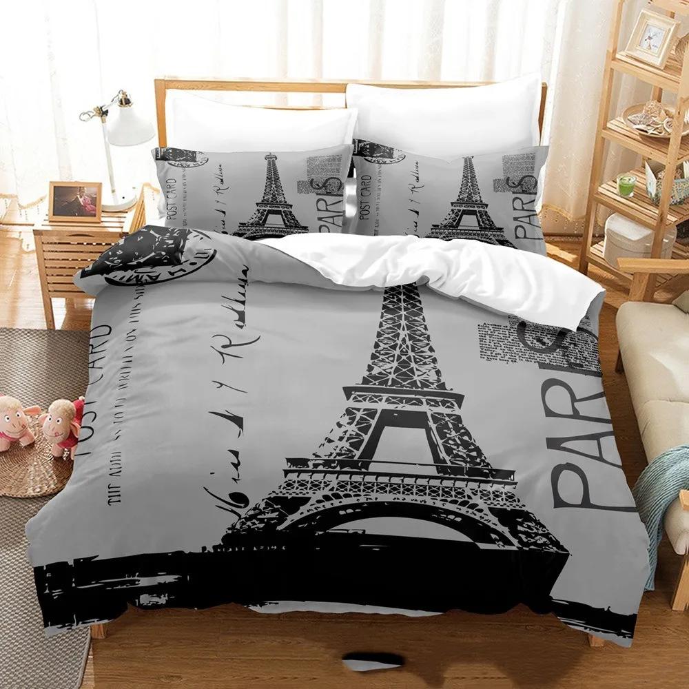 King Comfortable Quilt Cover Set Beding Digital Printing Pink Love Paris Tower Luxurious Bed Linen Set 28*28 Including (duvet Cover+pilowcase