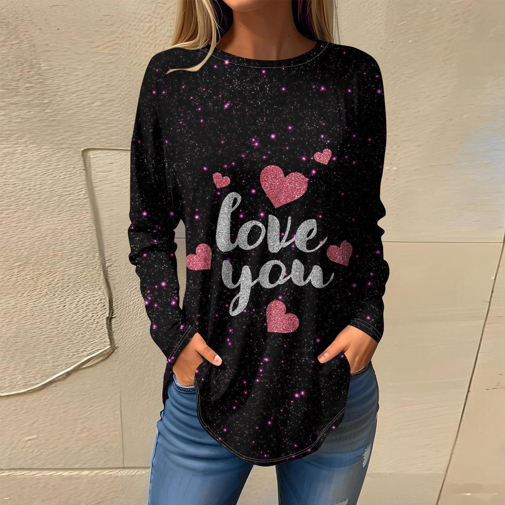 Tee Shirts For Women Fall Casual Long Sleeve Shirts Sweatshirt Vintage Graphic Printing Top Pullover Valentine's Day