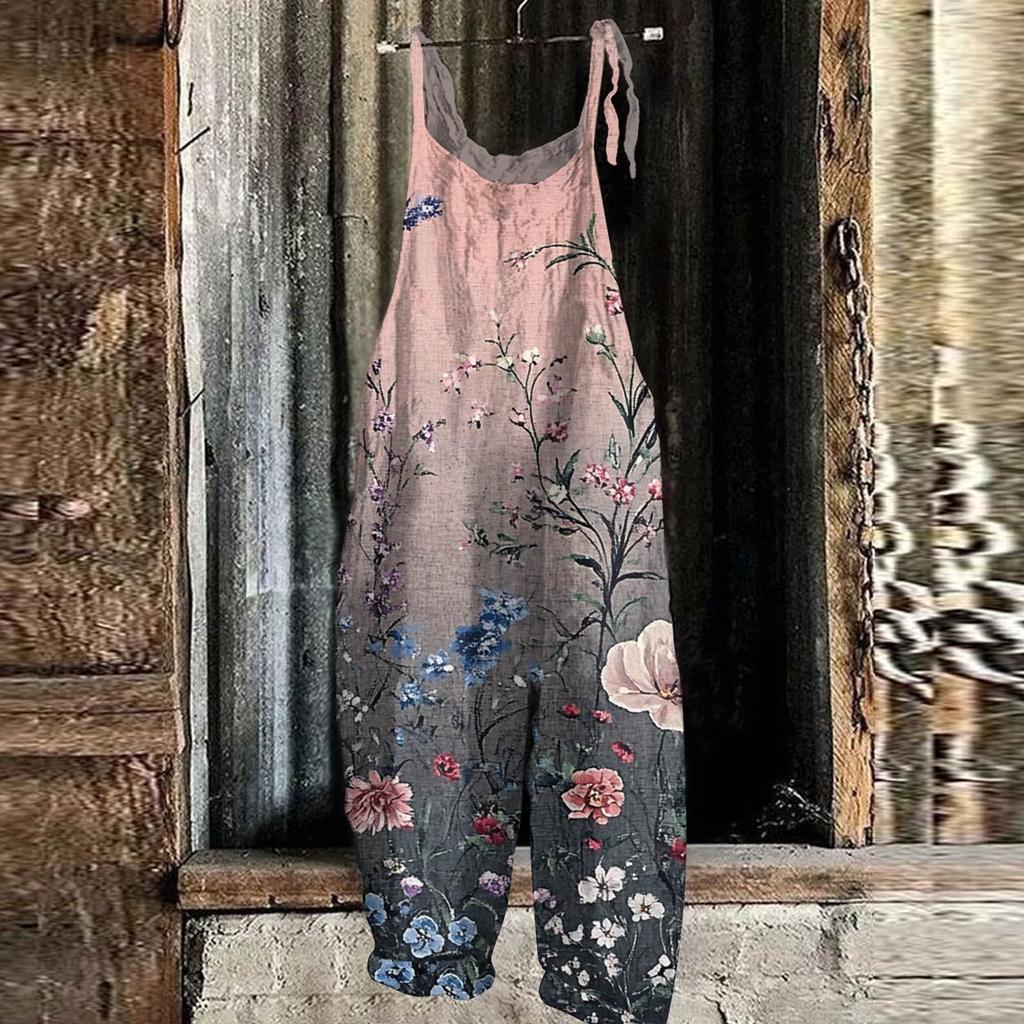 Women's Jumpsuit Floral Print Casual Loose Vintage Shoulder Strap Cotton Linen