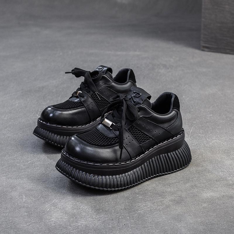 Fashion GKTINOO 2025 Spring New Thick Soled Increased Height Genuine Leather Splicing Breathable Mesh Women's Flat Platform Shoes