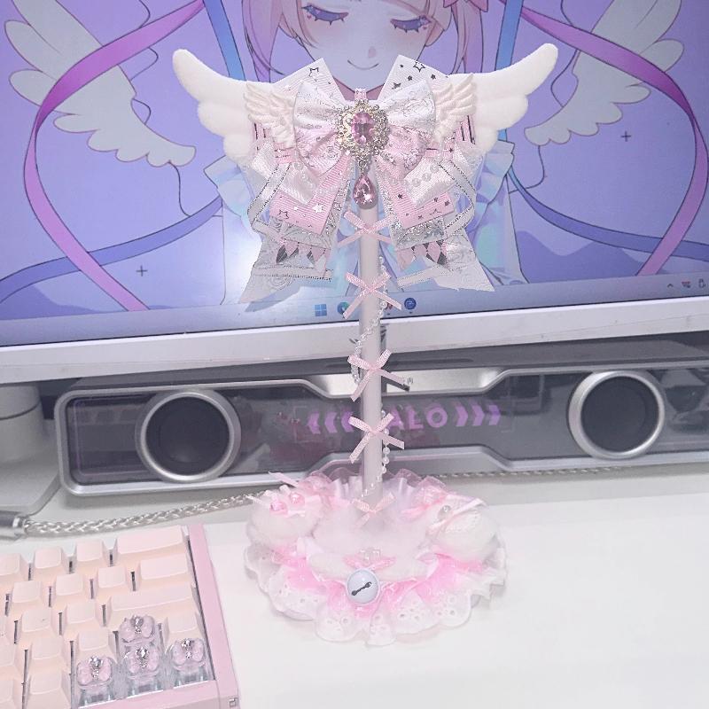 Nuevo Lindo Soporte para Auriculares con Alas de Ángel Personalizado con Lazo de Encaje Rosa Soporte para Auriculares Decoración de Escritorio Kawaii para Exhibición de Auriculares para Gaming