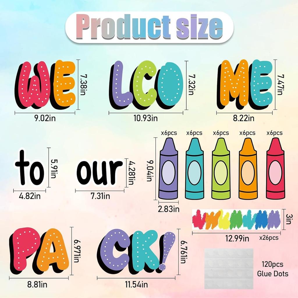 63Pcs Classroom Bulletin Board Decorations Set - Welcome to Our Pack Crayon Cutouts with Border Trims for School Classroom Door Home Wall Decorations