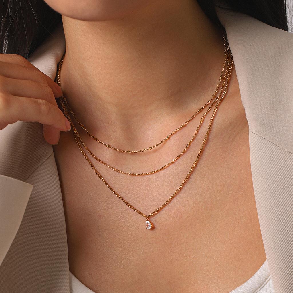 Niche design multi-layer necklace, titanium steel plated with 18k gold, non-fading, teardrop zircon, Y-chain, layeravicle chain