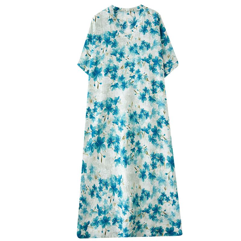 DIMANAF 2025 Women Plus Size Spring Summer Floral Dress Casual Vintage Dress Basic Loose Linen Long Dress Maxi