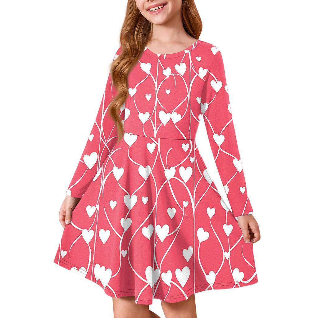 Girls' Summer Princess Dress - Long Sleeve A-Line T-Shirt Dress Valentine's Day