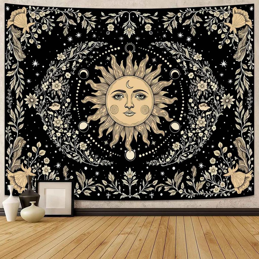 Mystical Moon Phase Butterfly Tapestry, Floral & Celestial Print with Wildflowers, Wall Decor for Nature & Witchy Rooms