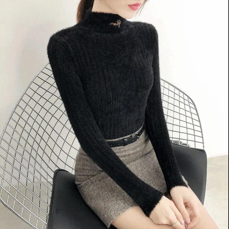 Mink Fleece Sweater Women's Solid Color Letter Embroidered Sweater Cropped Half Turtleneck Bottoming Shirt