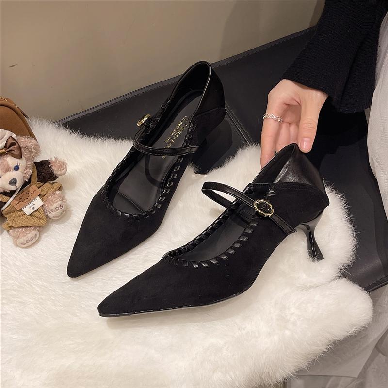 Scarpe Basse con Tacco Kitten alla Moda a Punta in Pile con Cinturino Singolo Suola Morbida Antiscivolo Resistenti all'Usura Scarpe Basse