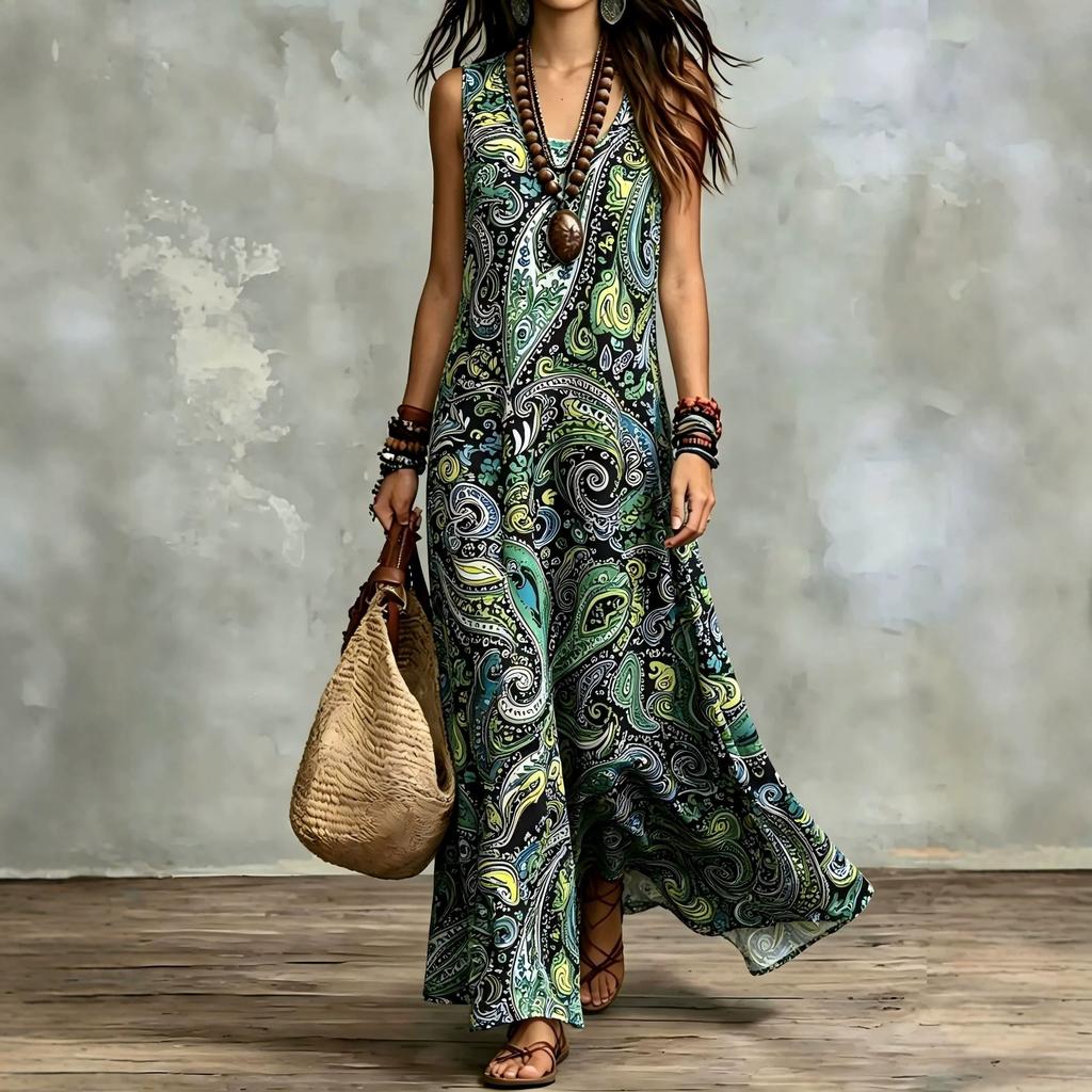 Nuovo Abito Lungo Bohemien Estivo 2026 Abito Stampato Senza Maniche da Donna