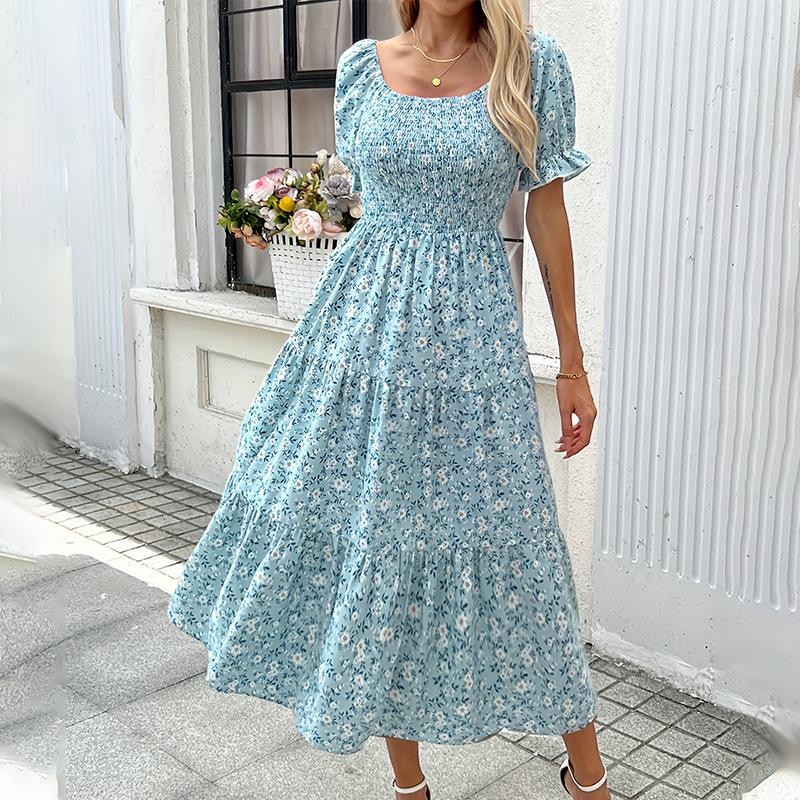 Elegant floral dress women's fashion slim-fitting simple short-sleeved dress loose and thin light long dress
