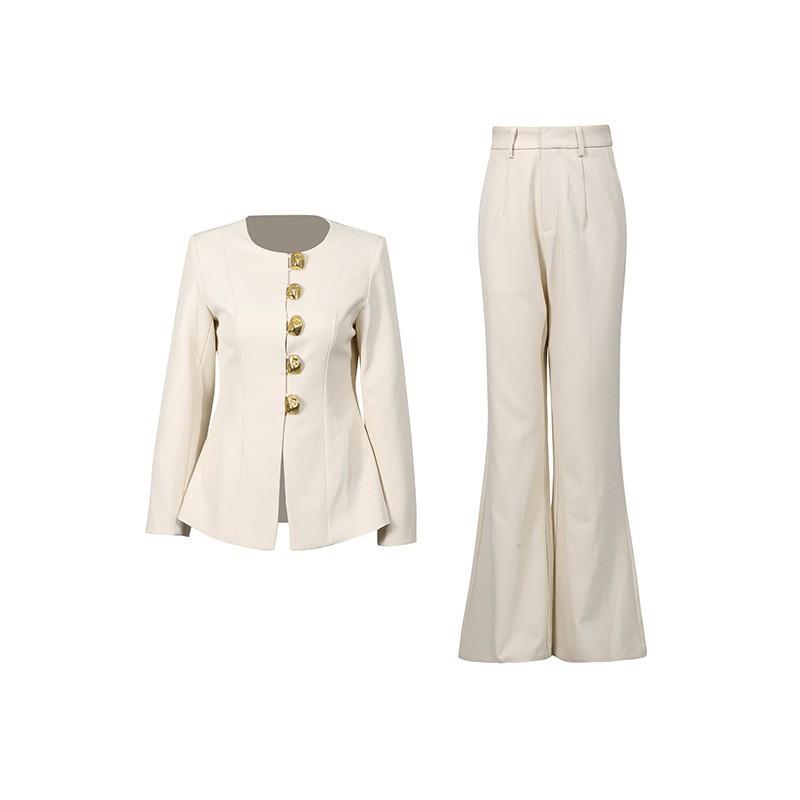

Gentle Casual Suit Women s Round Collar Single-row Metal Button Short Top + Micro-pants Two-piece Set S абрикосовый