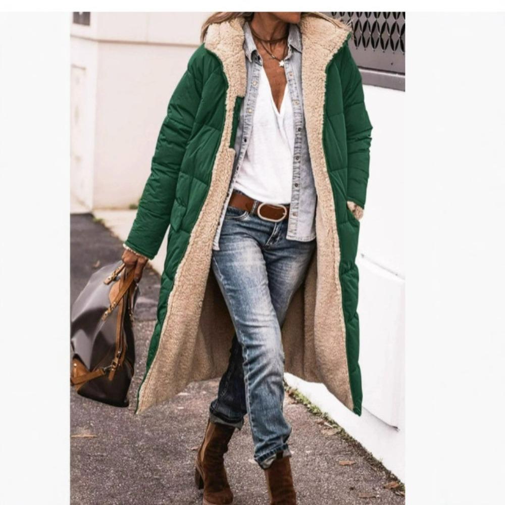 Solid Color Double-Sided Wear Hooded Cotton Coat, Thickened Slim Fit Long Sleeve Long Open Front Jacket
