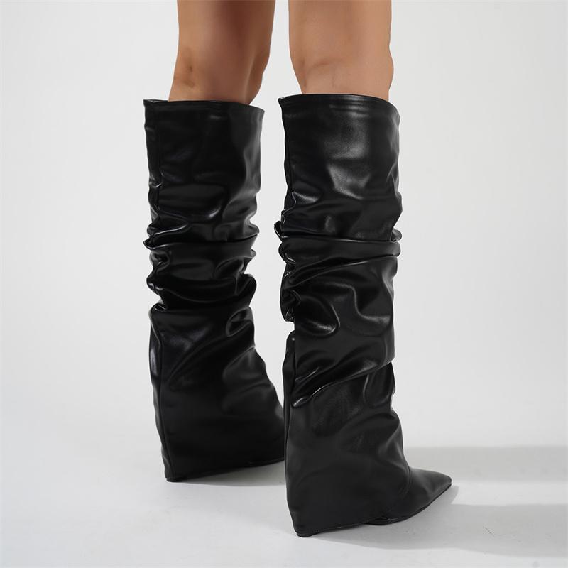 Pleated Black Leather Women's Knee High Boots Sexy Slip On Wedges Shoes Party Ladies Pointed Toe Women High Knee Botas Femininas