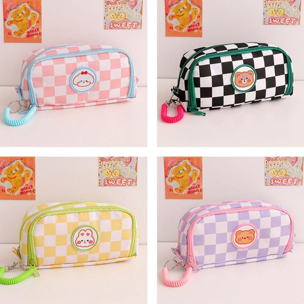 Checkerboard Pencil Bag Canvas Stationery Storage Bag Pen Case Pencil Case  Student
