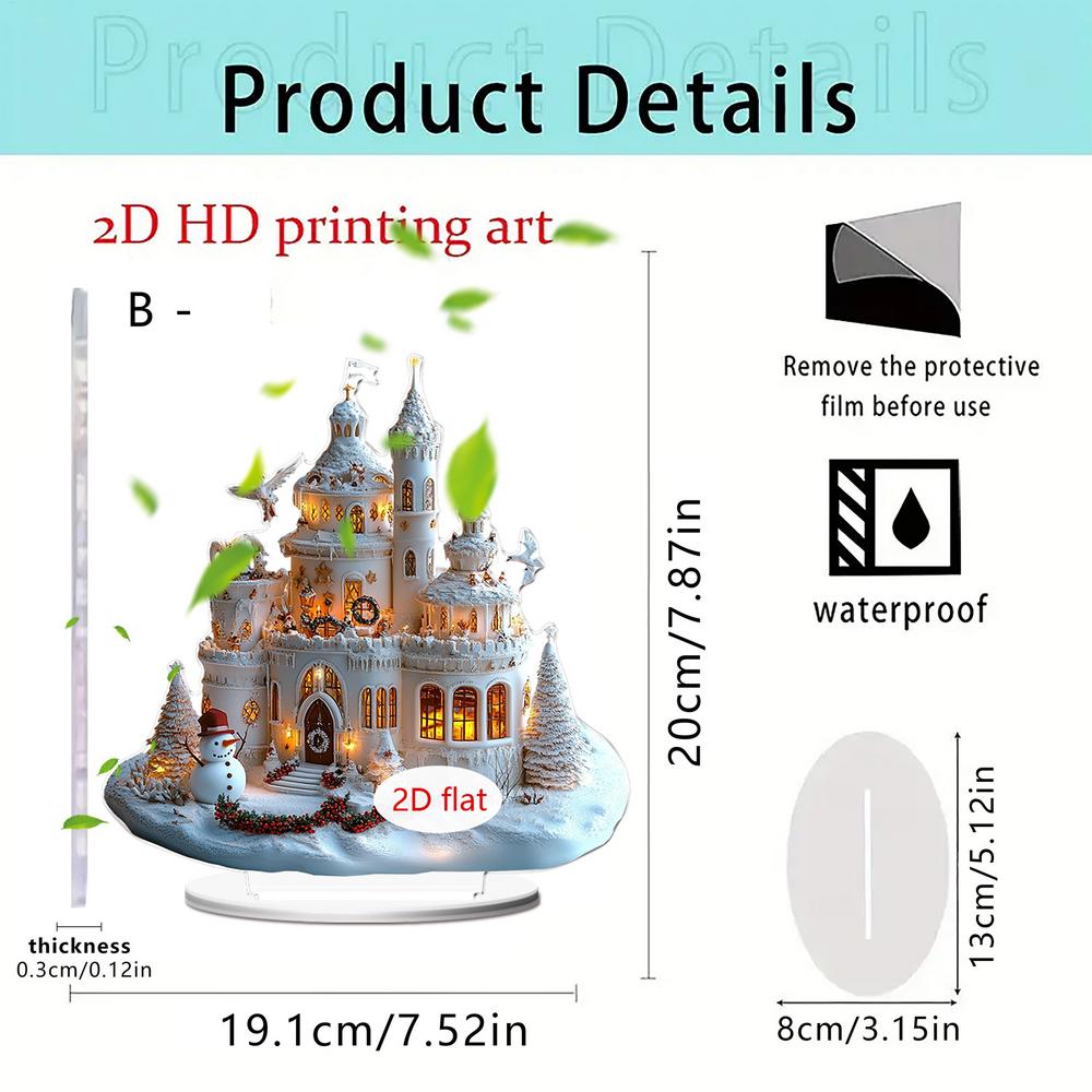 2D Christmas Table Decorations Colorful Christmas Desk Decor Acrylic Castle Pattern Ornament with Stand for Fireplace Restaurant