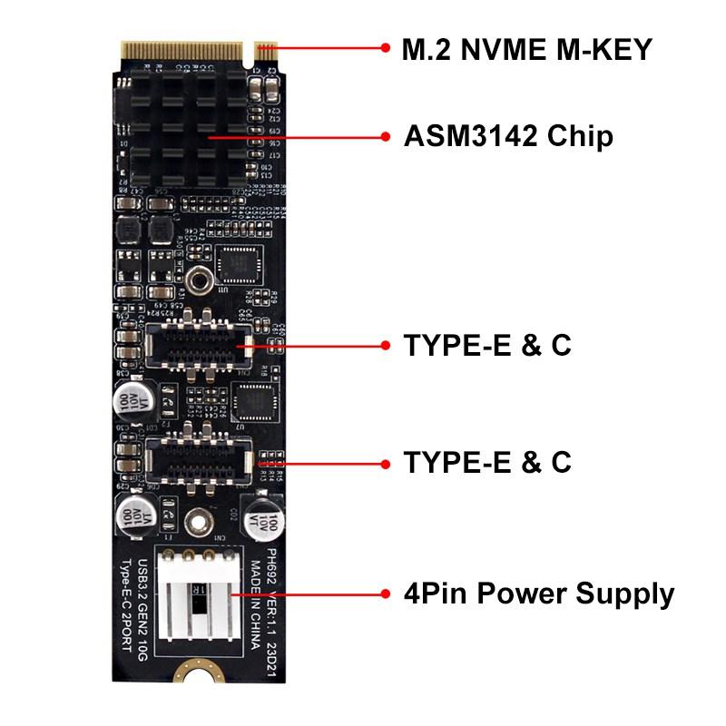 M.2 M Key NVME PCIe to USB 3.1 TYPE C Front Panel Expansion Card 10Gb NGFF M2 NVME to Dual TYPE-E Adapter USB-C Hub Riser for PC