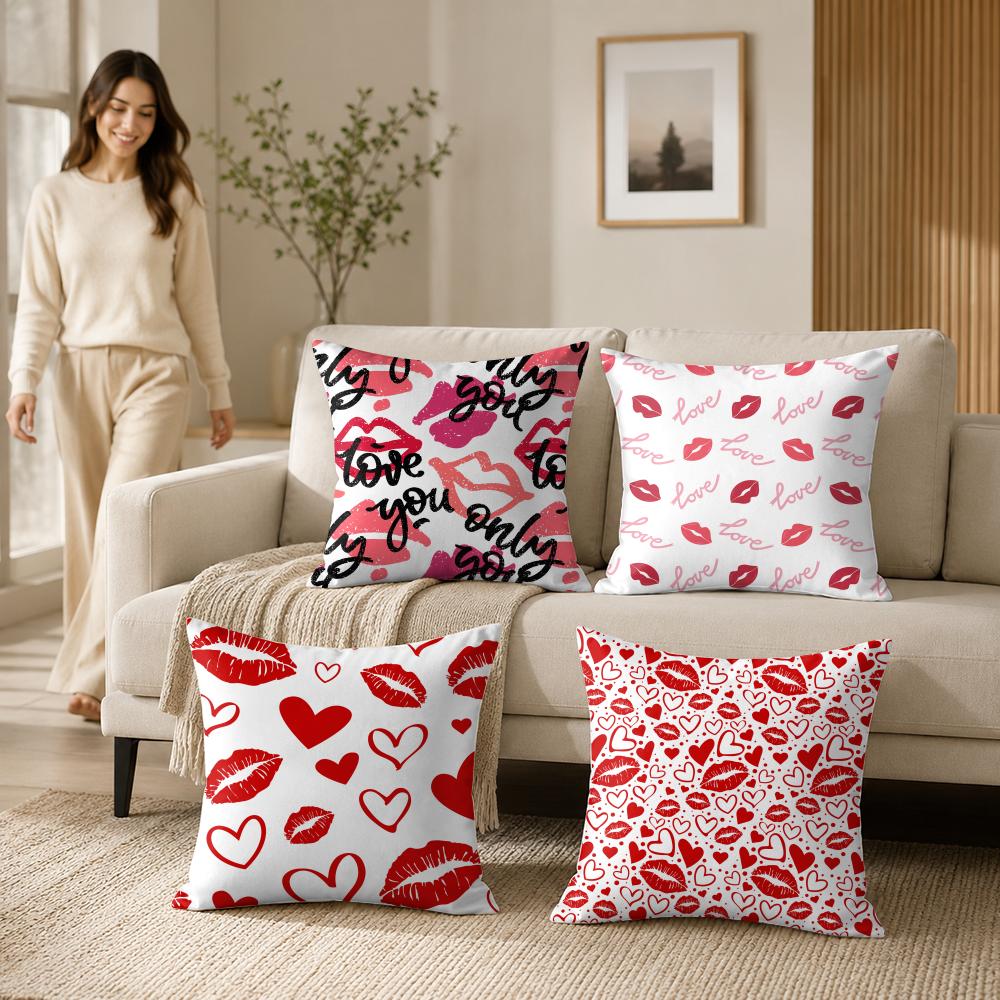 Red Lips Design Pattern Cushion Cover Silky Short Plush Invisible Zipper Dustproof Sofa Pillow Case For Home Decor