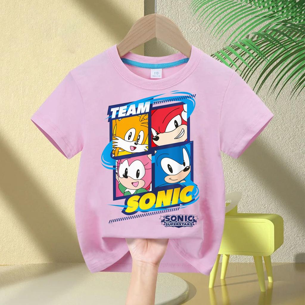 2026 Cartoon Boys' Round Neck Comfortable Short Sleeve Sonic The Hedgehog Children's Pure Cotton T-Shirt Girls' Breathable Top