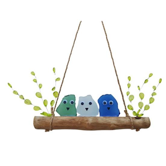 Colorful Sea Glass Bird Perch Handmade Sea Glass Birds on Branch Wall Art for Coastal Home Garden Window Hanging