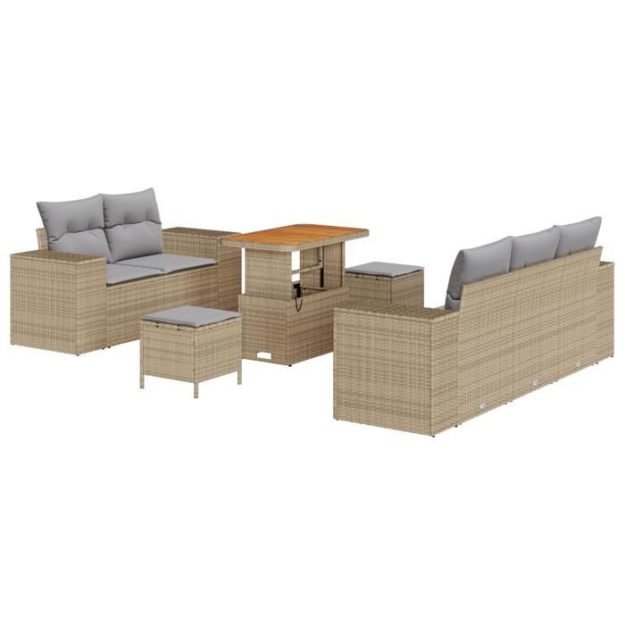 Ensemble de canapés de jardin 8 pièces avec coussins beige poly rattan acacia, Ensemble de salle à manger de jardin 3 pièces 3361952