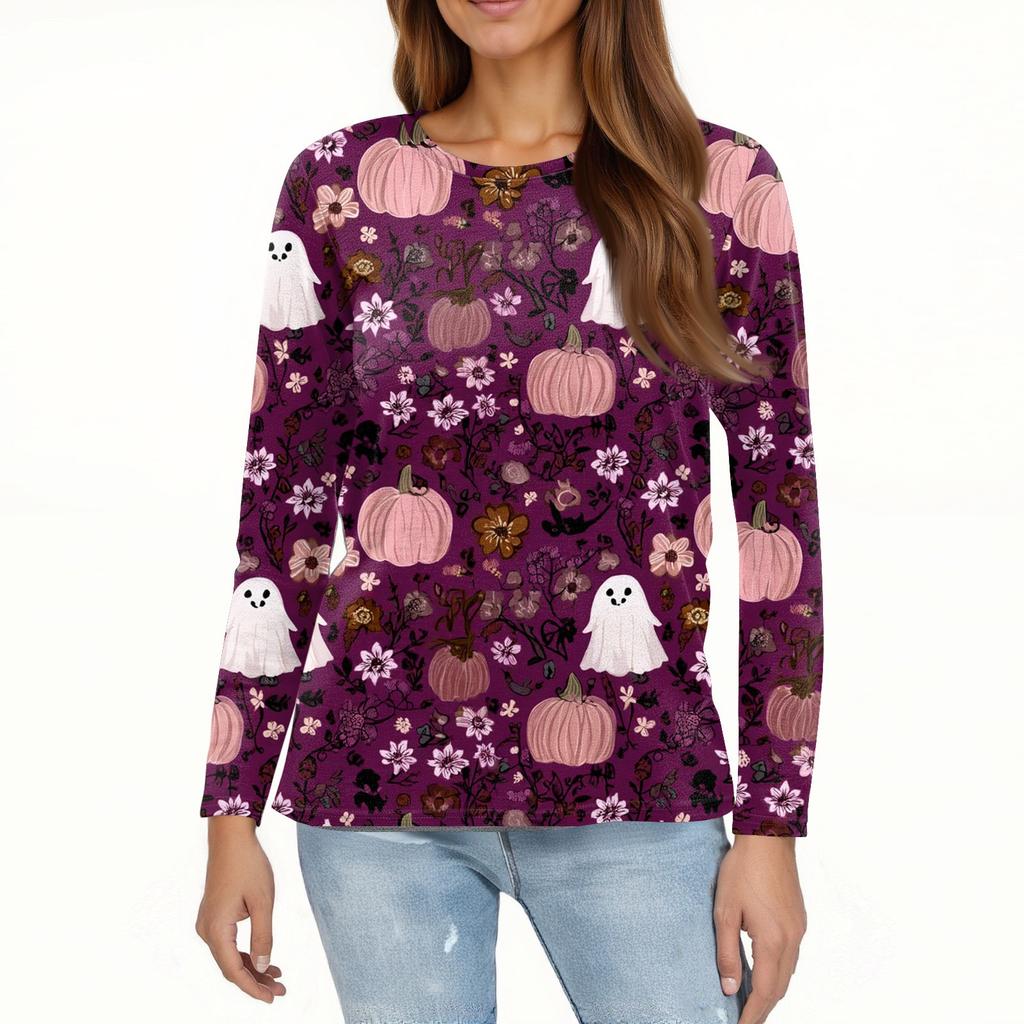 Women's Fashion Hem Slit Casual Halloween Printed Round Neck Long Sleeve Top