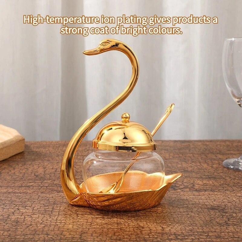 Sugar Cup Creataive Condiment Pot Glass Sugar Cup Fashion Swan Sugar Bowl Modern Spice Box Kitchen Seasoning Jar Kitchen Gadgets