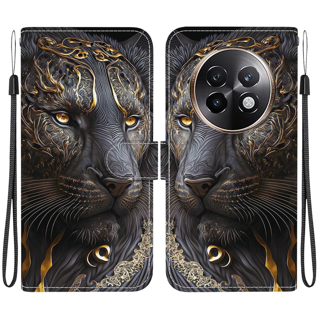 Handmade PU Leather Flip Case for Realme 13+ / Realme 13 Plus Anti-Slip Shockproof Cover with Wrist Strap & Heart/Rose Cat Designs