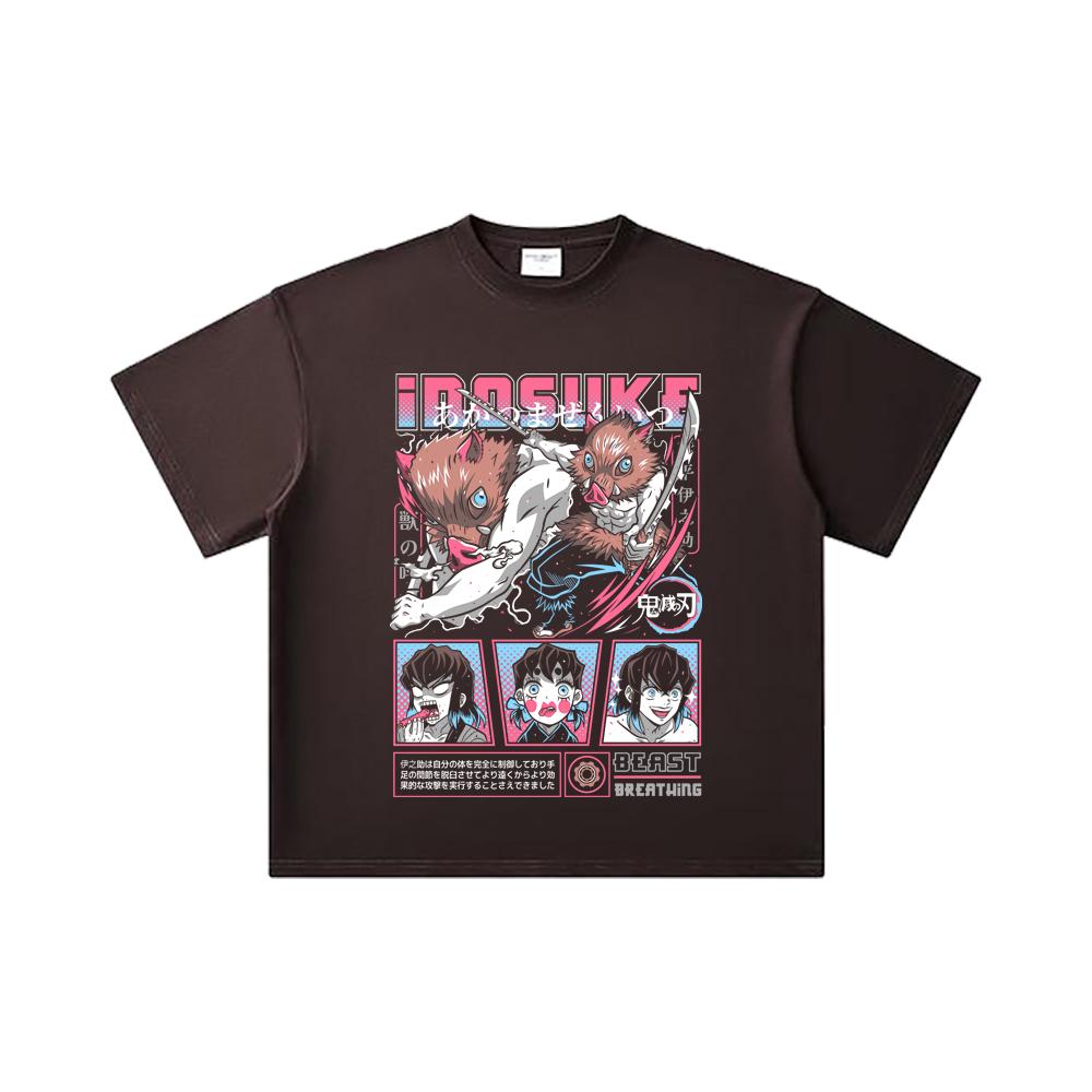 260 GSM Double Yarn 32 Count 100% Cotton Demon Slayer V28 Inosuke Print Unisex Heavy Cotton T Shirt