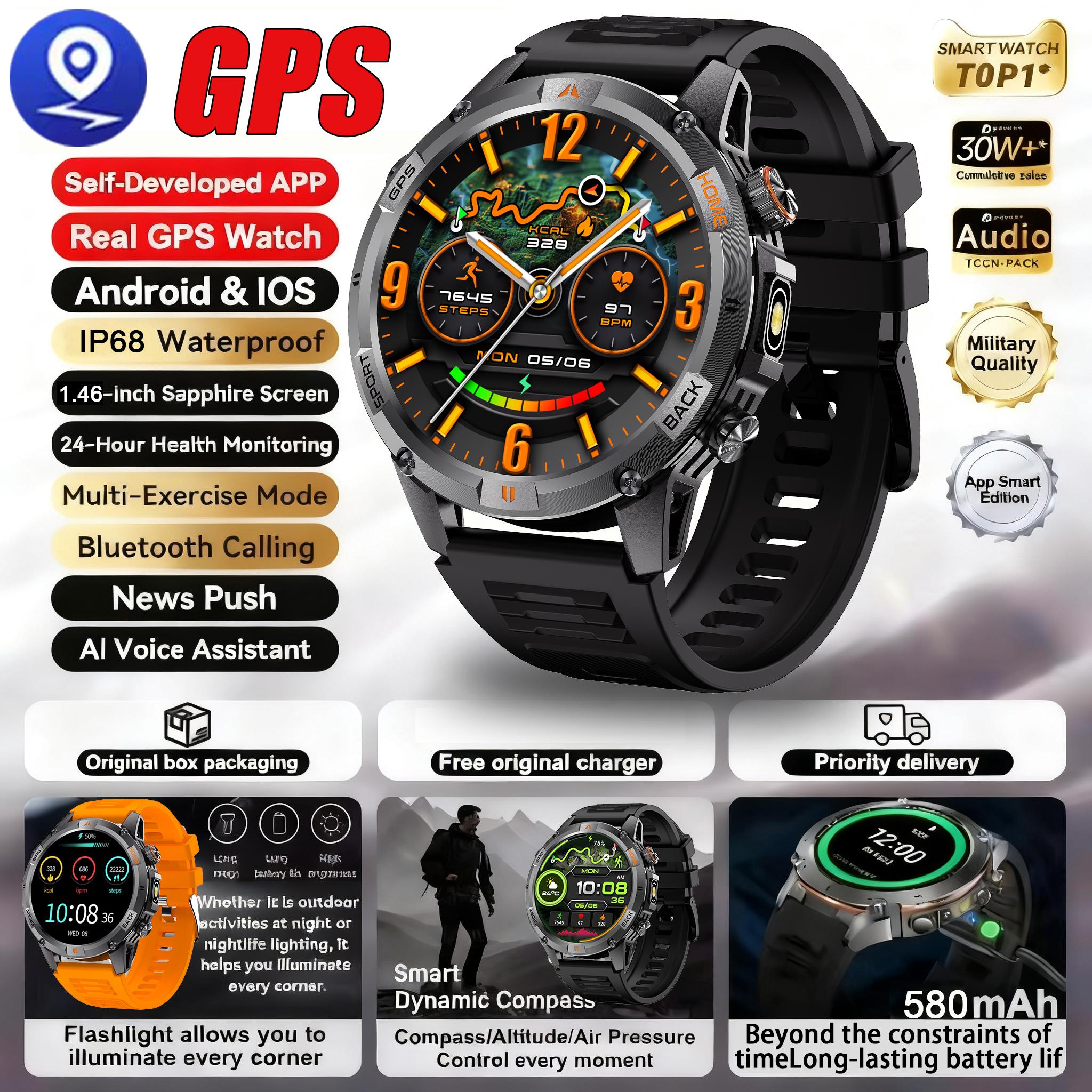 

New Military Outdoor Dual-Band GPS Track Smartwatch Men Bluetooth Call Compass Swimming Grade 5ATM Waterproof Smart Watches Dual-Band GPS чёрный