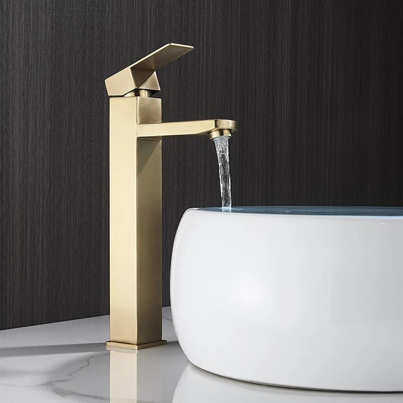 Brushed Gold Square Basin Faucet Bathroom Deck Mounted Washbasin Mixer Tap Single Handle Hot Cold Mixer Tap